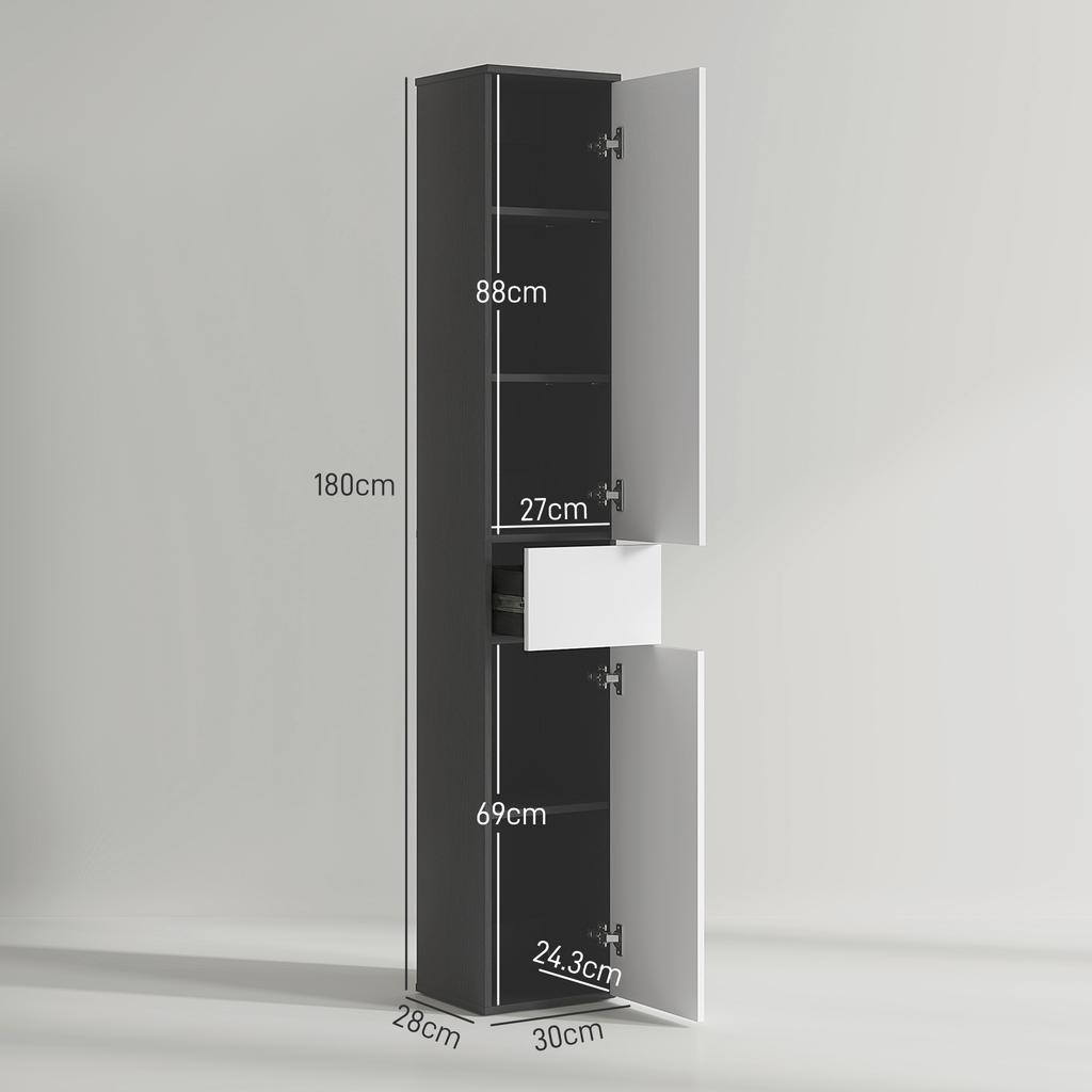 Space-Saving Bathroom Column in Wood with 2 Cabinets and Drawer, 30x28x180 cm, Black