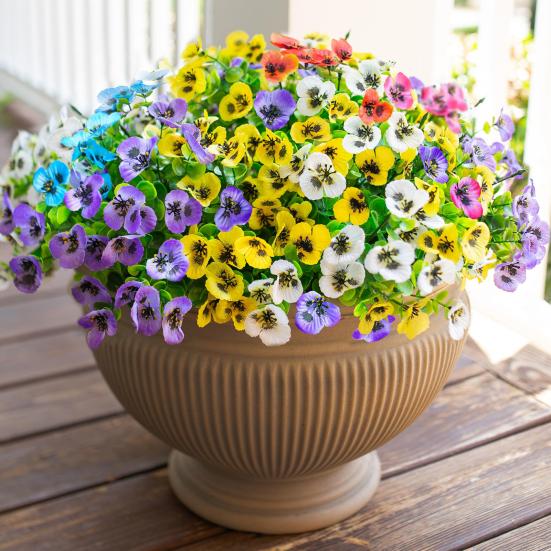 12 Pcs Artificial Pansy Flowers Outdoor UV Resistant Faux Silk Flowers Colorful Faux Pansies for Planter Window Box Front Porch Yard Patio Decor