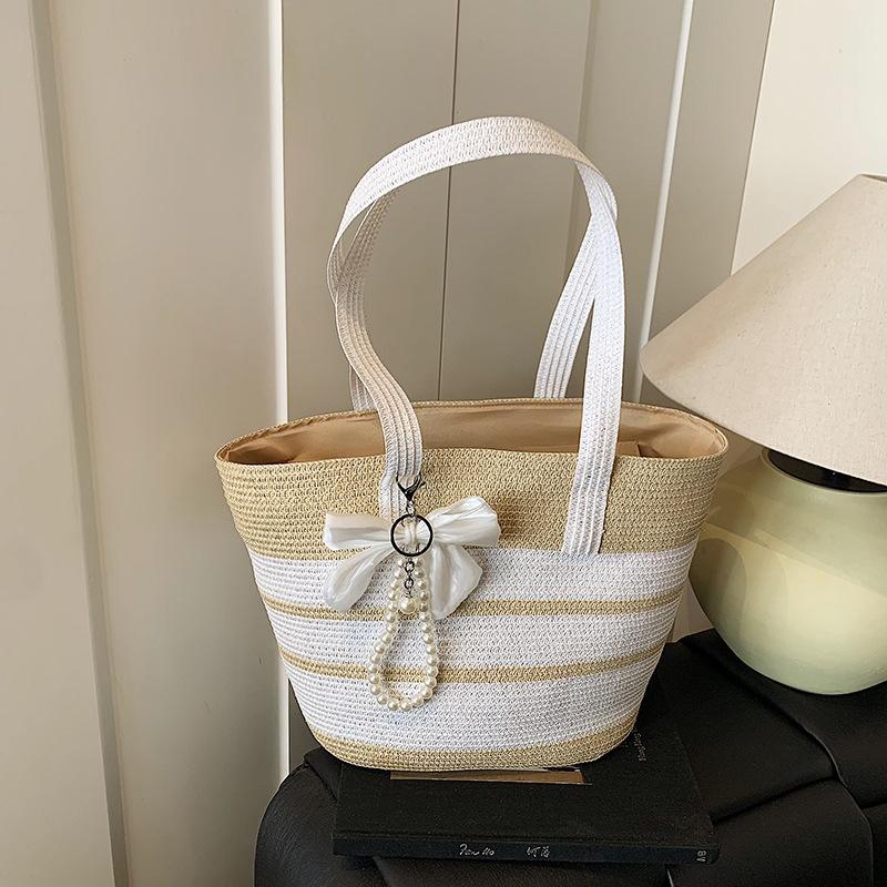 Striped large-capacity straw bag women's new summer woven shoulder bag seaside vacation beach bag