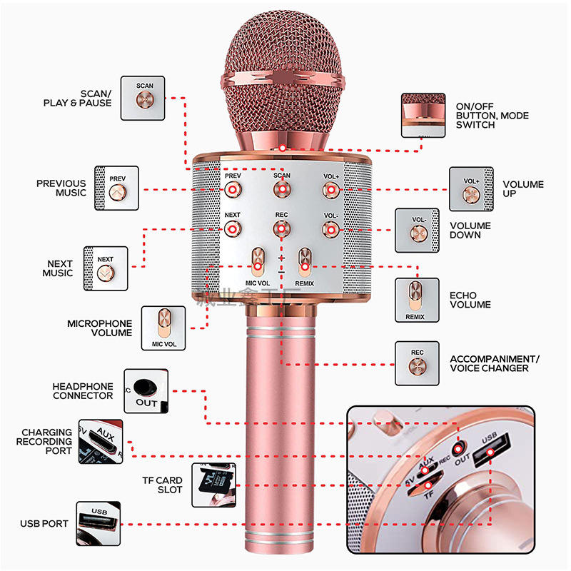 Karaoke Microphone for Kids & Adults Bluetooth Singing Mic Echo Effect, Built-in Speaker Portable for Party Travel Gifts