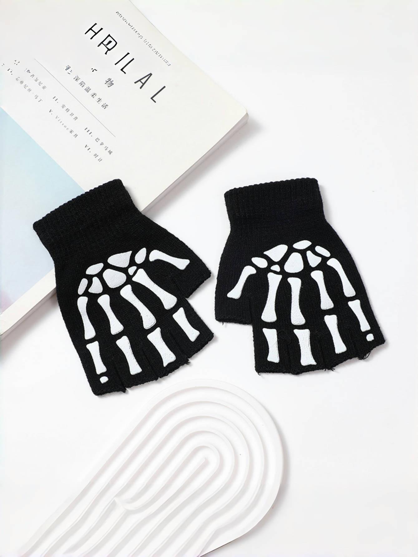 

Новые взрослые детские Хэллоуин Череп Митенки Панк Зимние Череп Без пальцев черные перчатки One Size