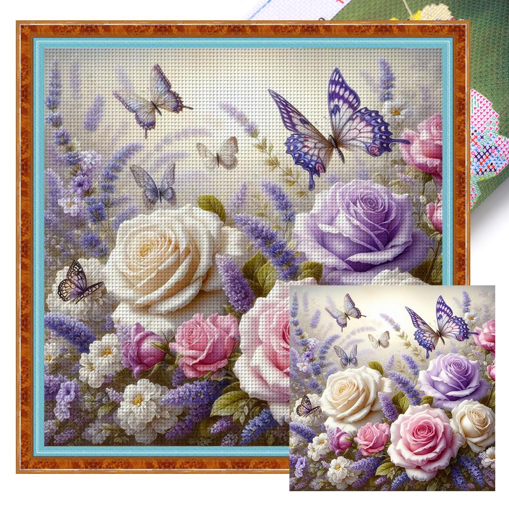 1 Set Full Embroidery Cotton Thread 11CT Printed Fantasy Flowers Cross Stitch Kits DIY Arts Ornament Home Decorations 40x40cm