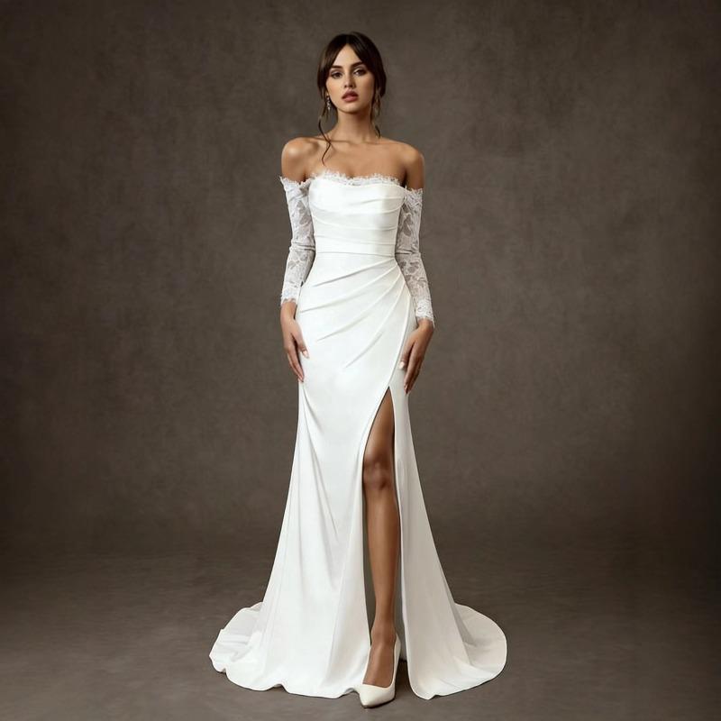 Light Wedding Dress One-word Shoulder New Temperament Lace Going Out Welcome Dress White Satin Engagement Dress