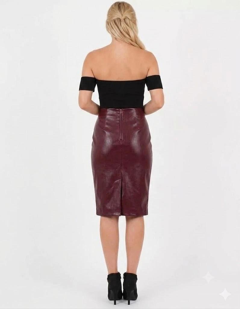 Handmade Leather Women's Skirt Maroon Lambskin Stylish Knee Length Skirts