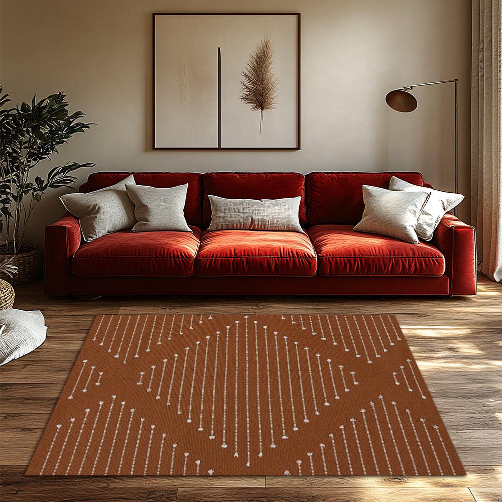Orange Geometric Bohemian Rug, White Line Pattern Non-Slip Carpet, Modern Living Room Mat for Cozy Home Decor