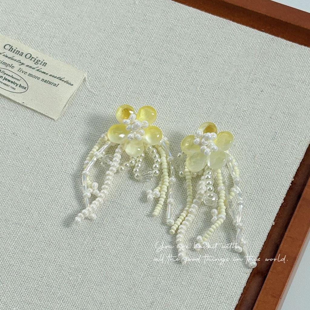 Color beaded flower long fringed stud earrings holiday wind silver needle earrings Mori girl sweet and fresh earrings women