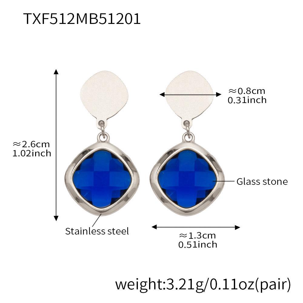 Stylish European & American Stainless Steel Jewelry Set with Square Faceted Glass Stones: Includes Bracelet, Necklace, and Earrings