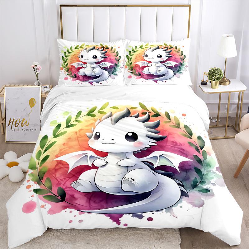 3pcs Adorable White Dragon Cartoon Printed Quilt Set - Includes 1 Quilt Cover and