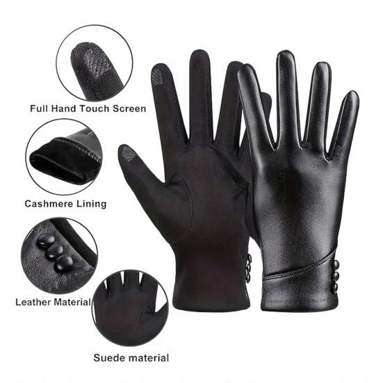 1 Pair Winter Cycling Gloves Cold-proof Plush-lined Touch Screen Windproof Faux Leather Solid Color