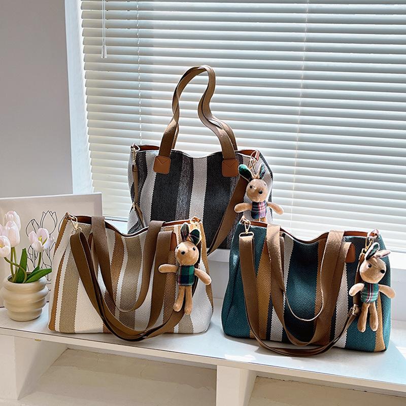 Big Bag Women's New Fashion Striped Canvas Bag Commuter Hand Shoulder Messenger Trendy Large Capacity Tote Bag