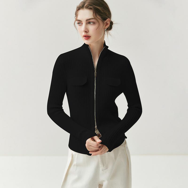 2025 Autumn/Winter Women's High Neck Cashmere Cardigan with Double-Head Zipper and Faux Pocket Detailing