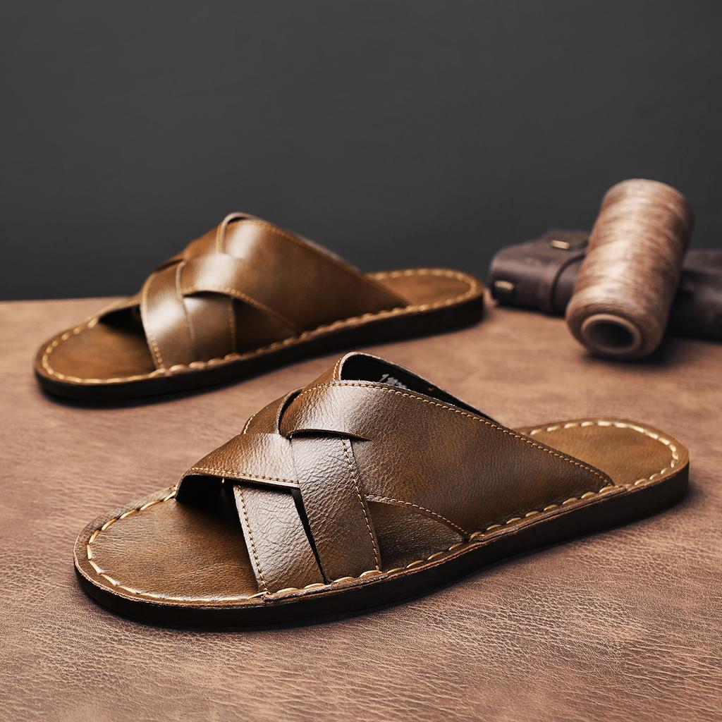 Men's Leather Slippers Casual Simple Sandals Summer High Quality Comfortable Non-Slip Mules Sandals For Men