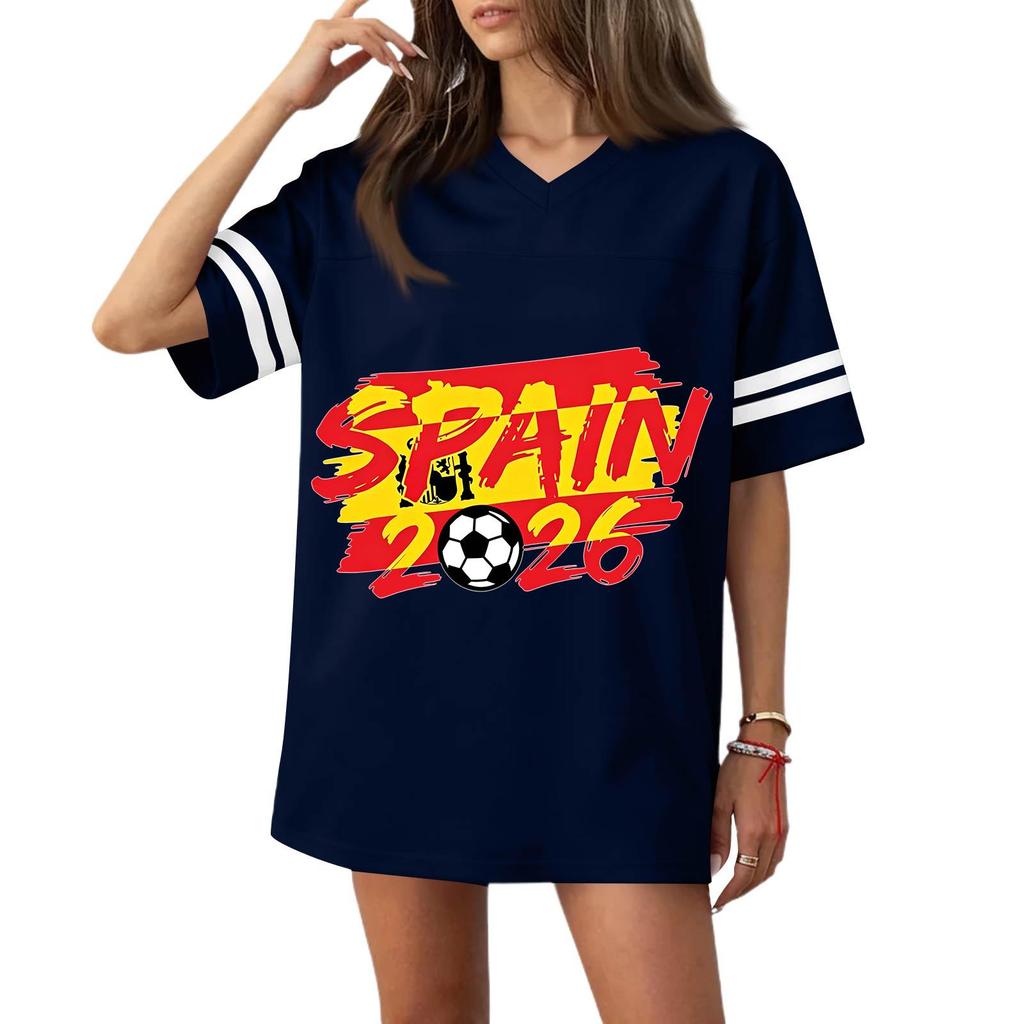 Women V Neck Short Sleeve Relaxed Fit Soccer Graphic Tee Top with 2026 Flag Print Casual Sportswear Jersey Style