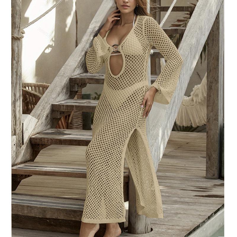 

Новое и модное пляжное платье с вырезами, однотонная одежда с длинными рукавами для защиты от солнца и сексуальное вязаное платье с боковым разрезом L абрикосовый