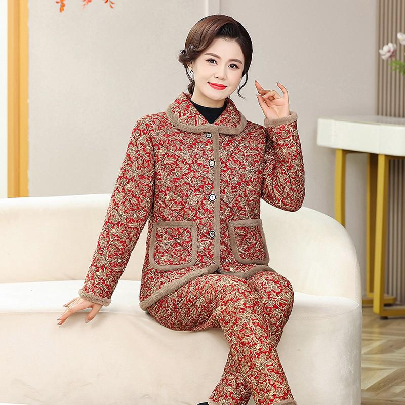 Mom's Winter Plus Velvet Cotton Jacket & Pants Set - Fashionable and Cozy Two-Piece Home Pajamas