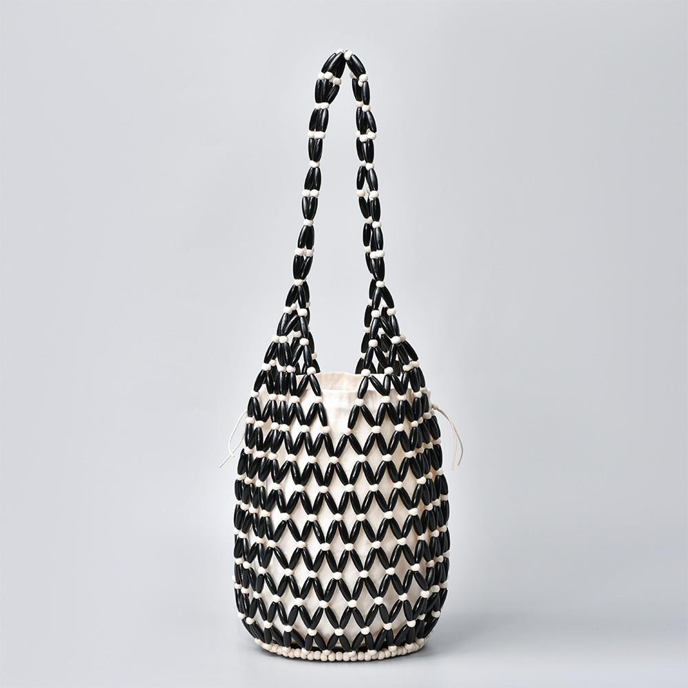 Zomer Vrouwen Geweven Handtas Holle Houten Kralen Tote Emmer Schoudertas Net Canvas Strandhandtas Voor Dames