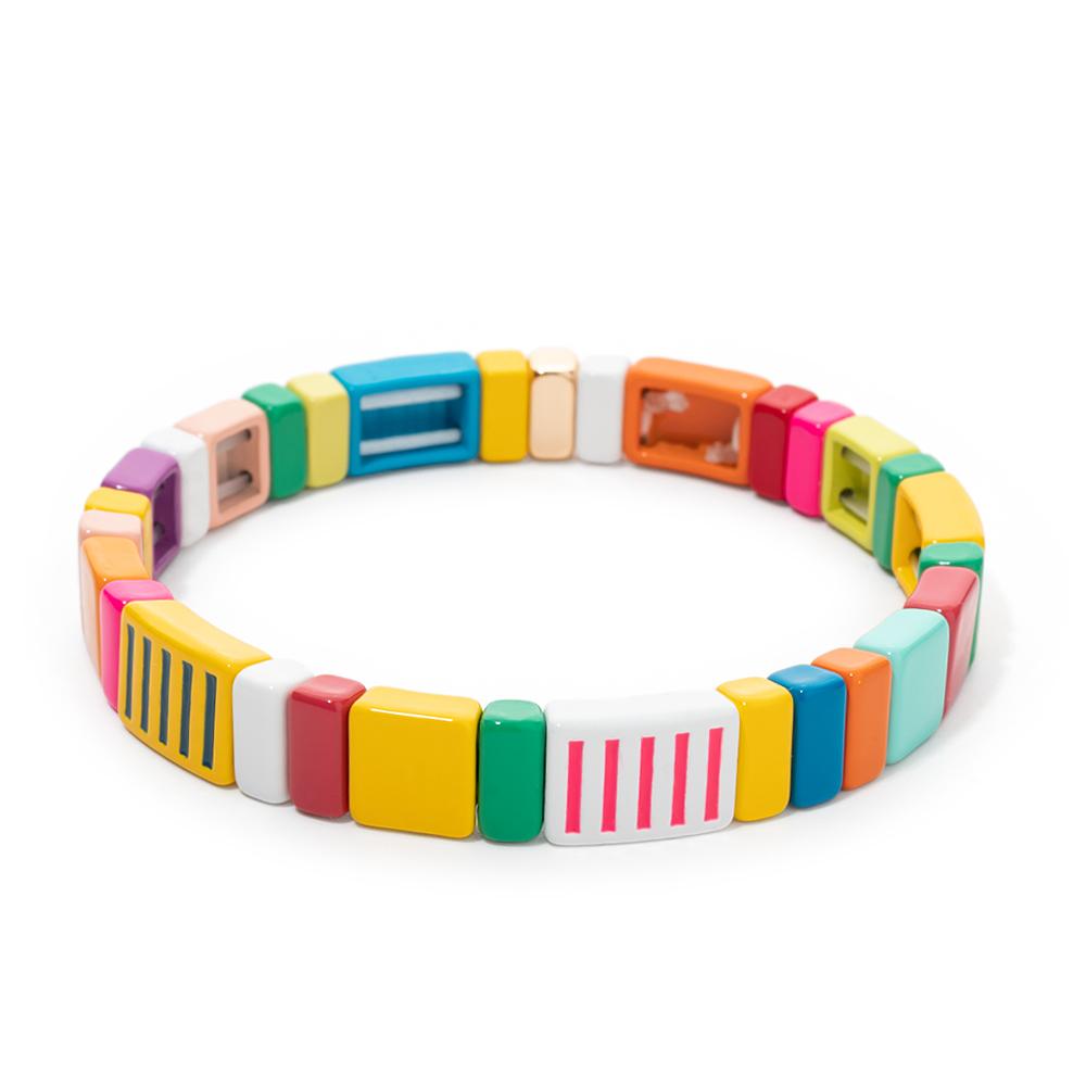 New Fashion Deil Eye Enamel Bangle for Women Colorful Beaded Boho Rectangle Shape Hand Accessory