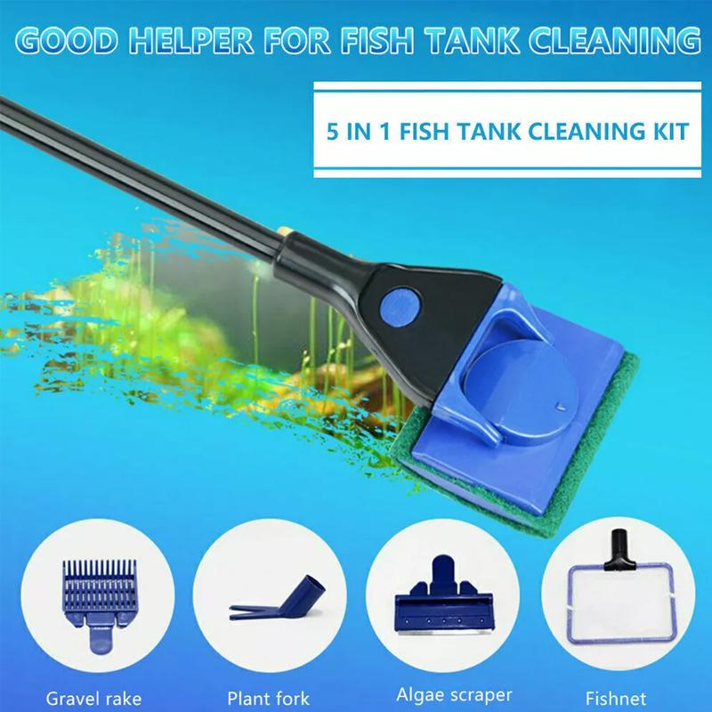 5 In 1 Aquarium Cleaning Kit Glass Brush Scraper Fishnet Fish Tank Cleaner Tools
