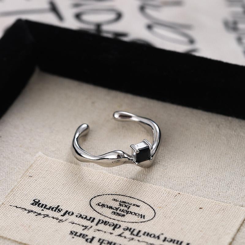 925 Sterling Zilveren Ring voor Vrouwen Meisje Gift Blace Steen Kristal Glazuur Retro Punk Open Sieraden Dropship Groothandel