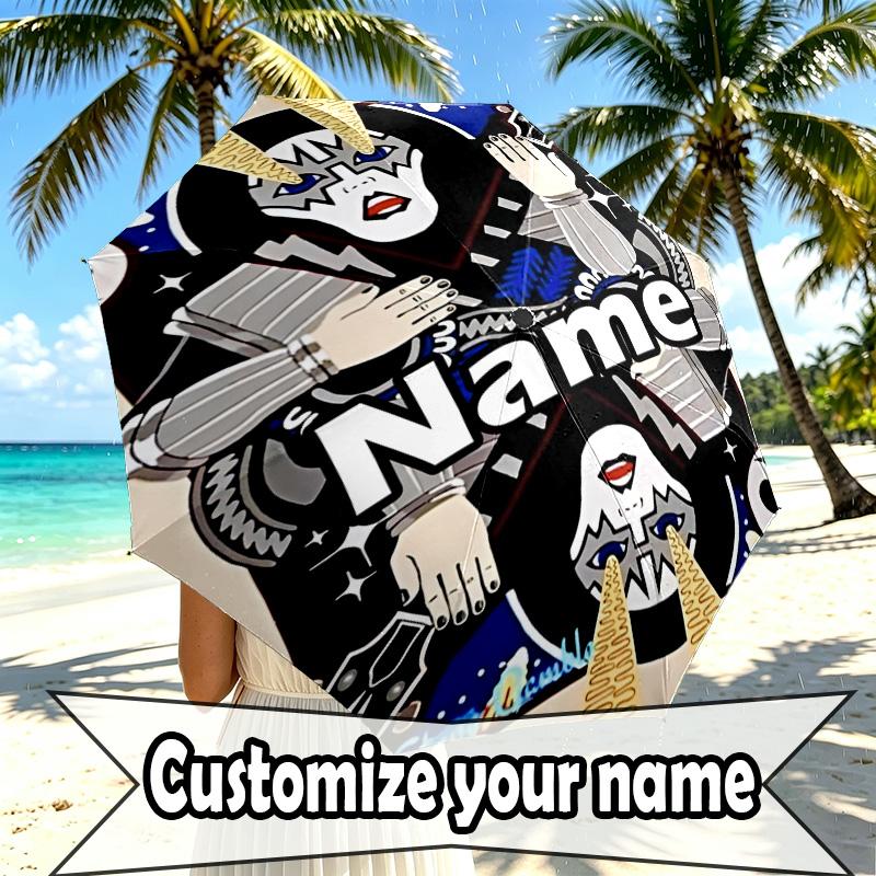 Custom Name Personalized Kiss Rock and Roll Print Umbrella, Auto Open Close, 8‑Rib Sturdy Frame, Commute Camping Hiking Use, Birthday Gift