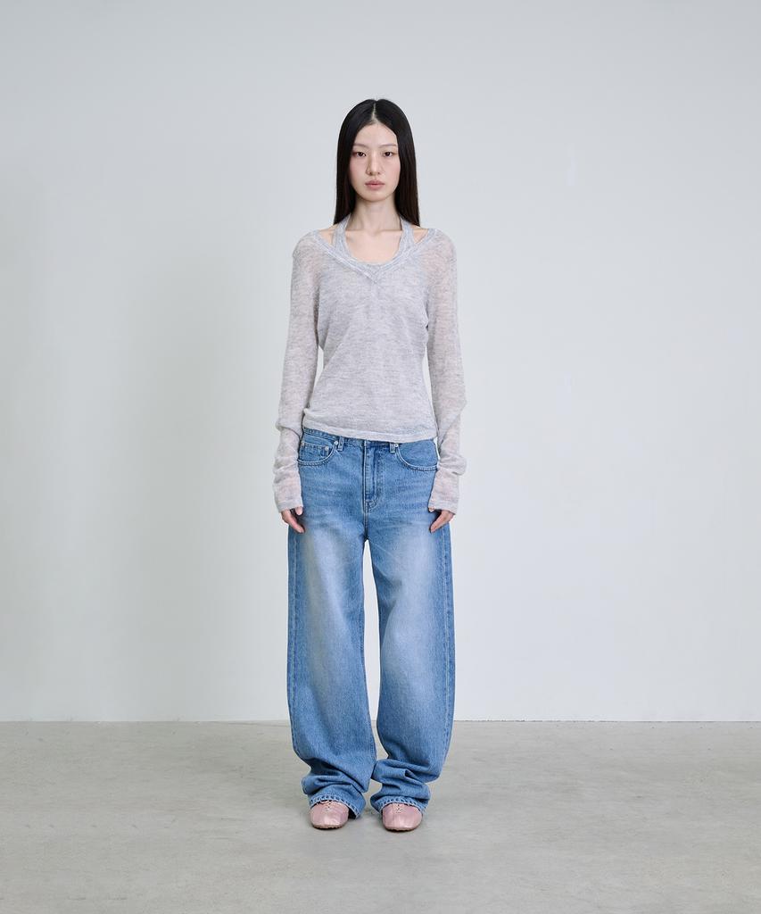 Deoaeteus Mohair Wool Sheer Layered Knit Set_Melange Gray