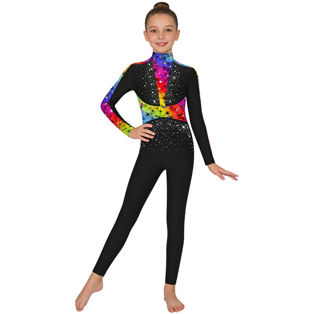 Leotard da Ballo da Bambina a Maniche Lunghe con Paillettes e Strass, Lucido, Full Body, Zip Invisibile Posteriore