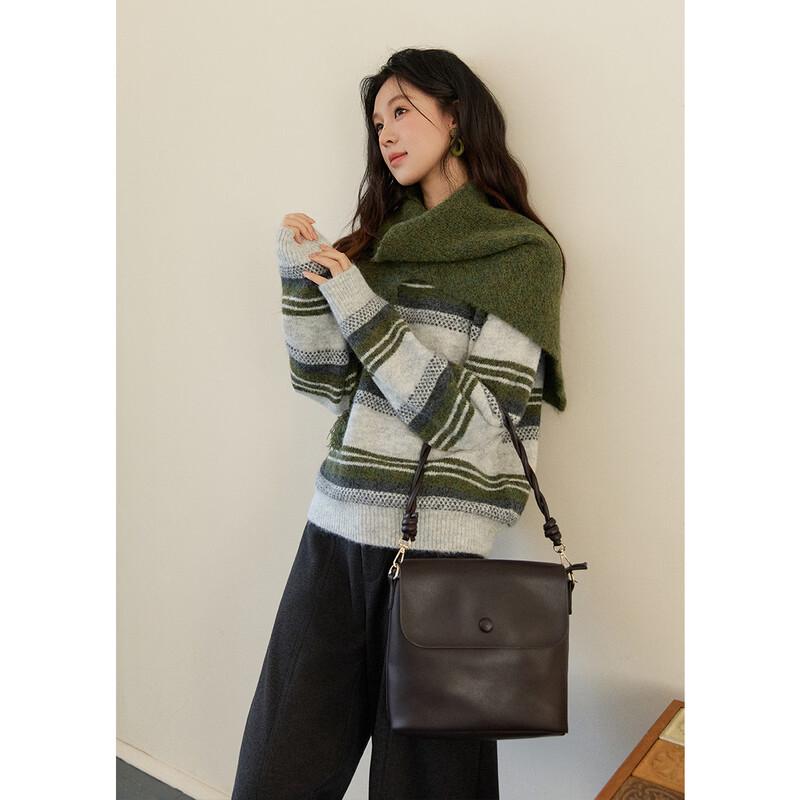 Women's Retro Striped Wool Blend Knit Shawl Two-Piece Sweater Set