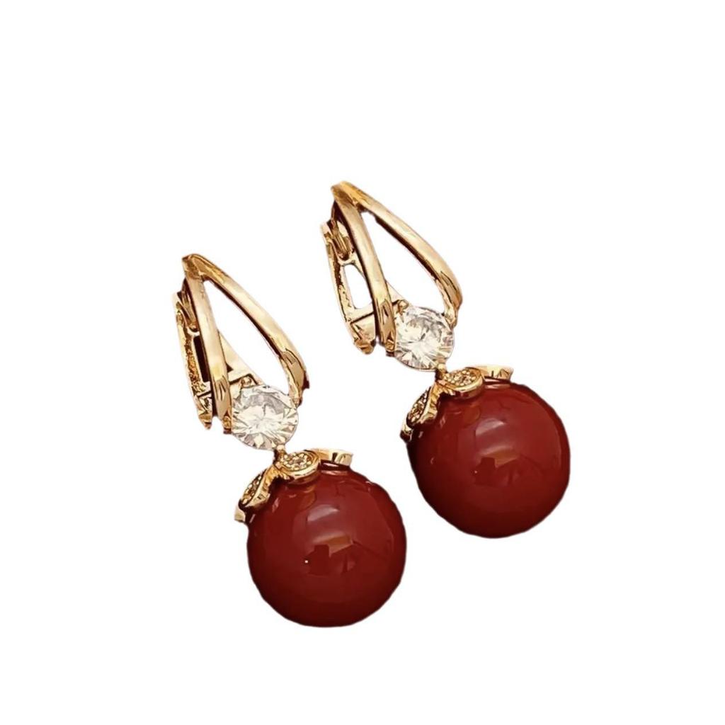 Exquisite French Luxury Red Pearl Sparkling Earrings | Retro Niche Style for Women