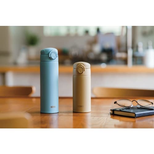 Dishwasher-Safe Model: Thermos Vacuum Insulated Portable Mug, 350ml, Sand Beige. All parts and body are dishwasher-safe. One-touch opening, stainless