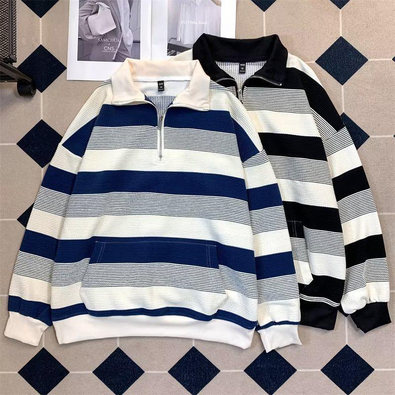 Unisex Retro Gestreifte Oversize Langarmjacke mit halbem Reißverschluss für Herbst & Winter