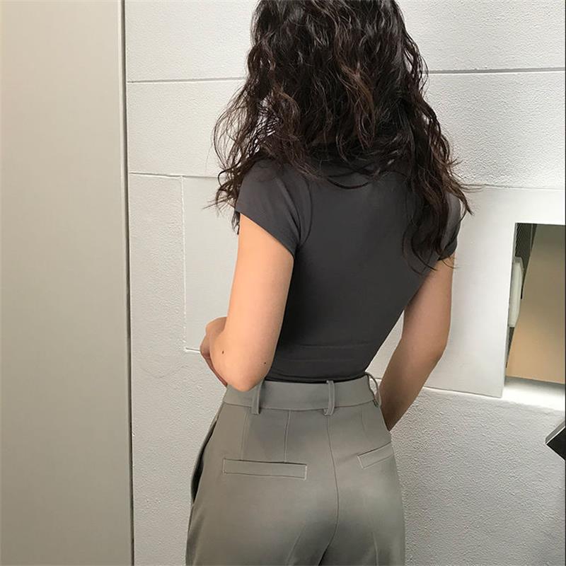 Letní Slim Sportovní Vesta Sexy Ženy Krátký rukáv Výstřih do U Šedé Tričko Tílka Dámské Jednobarevné Černobílé Korejské Crop Tops Y2k