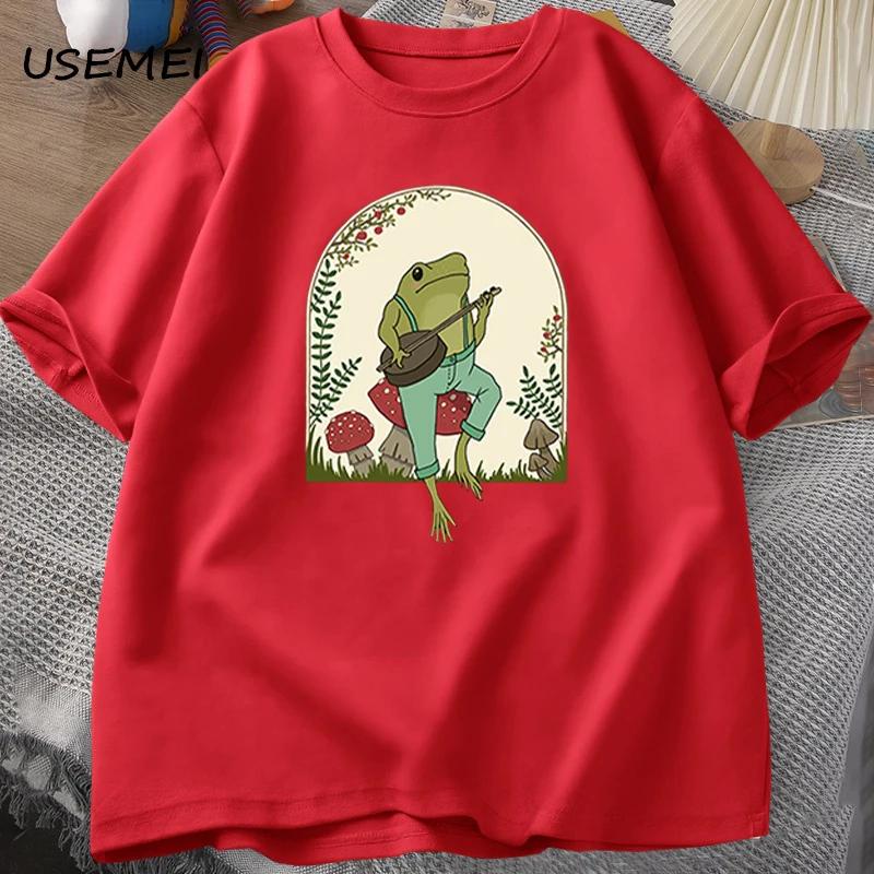 Cute Cottagecore T-shirts Aesthetic Frog Playing Banjo on Mushroom T Shirt Men Summer Cotton Short Sleeve Tee Shirt Mens Clothes