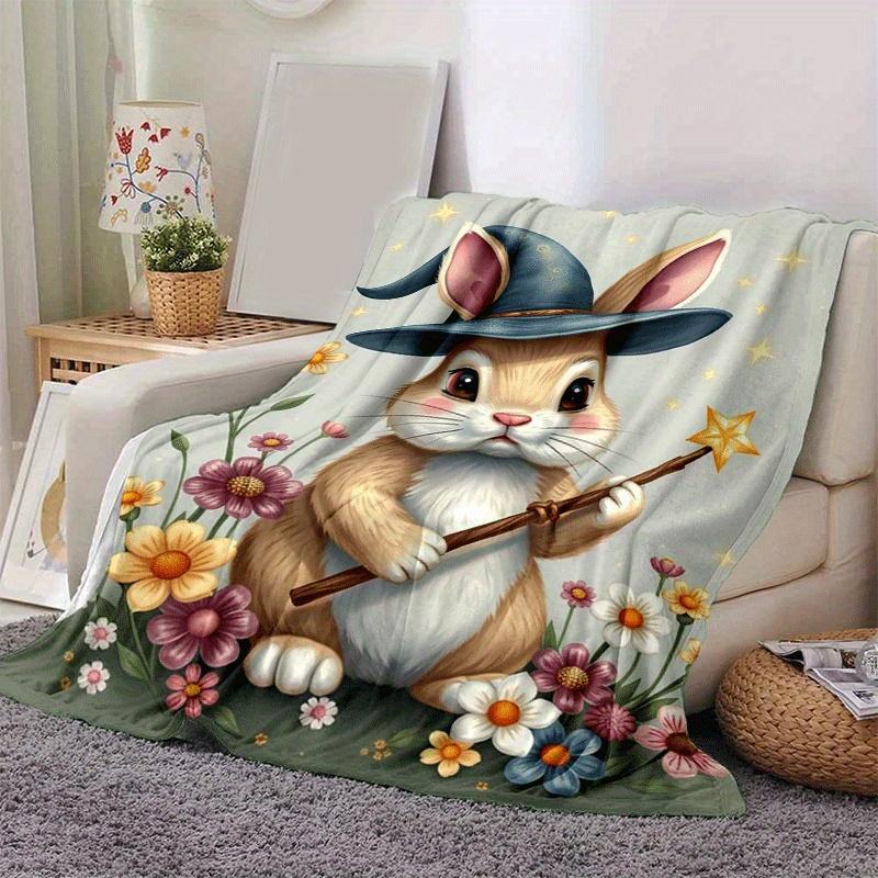 1pc Rabbit Printing Lightweight Flannel Blanket, Comfortable and Warm Blanket, for Camping Sofa Bed and Couch Office, Suitable for Gift