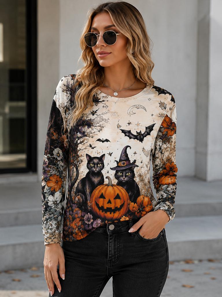 Damen Halloween Hexe Grafik Langarm T-Shirt Rundhals Oberteile Neue Vintage Vollmond Kürbis Laterne Party Geschenk Kleidung Oberteile