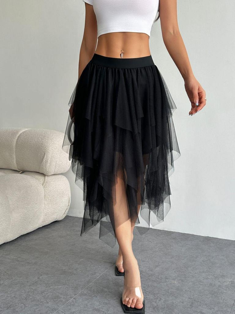 Unregelmäßiger Mesh High Waist Tüll Midi-Rock für Damen - Frühjahrsankunft 2025