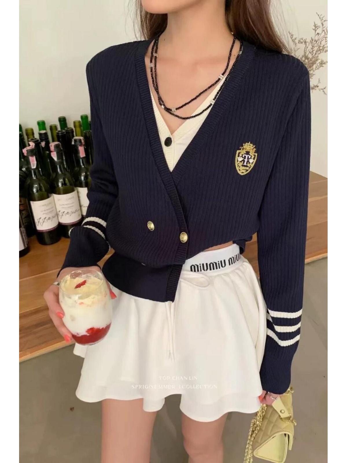 

Преппи Двубортный Вязаный Кардиган Пальто – V-образный вырез Вышитый Женский Весенний Свитер S (up to 95 jin) синий