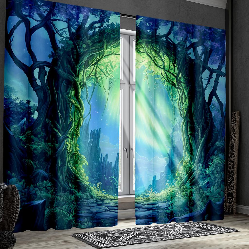 2pcs Moonlit Forest Curtains with Magic Trees and Full Moon Theme, Polyester, for Bedroom and Living Room