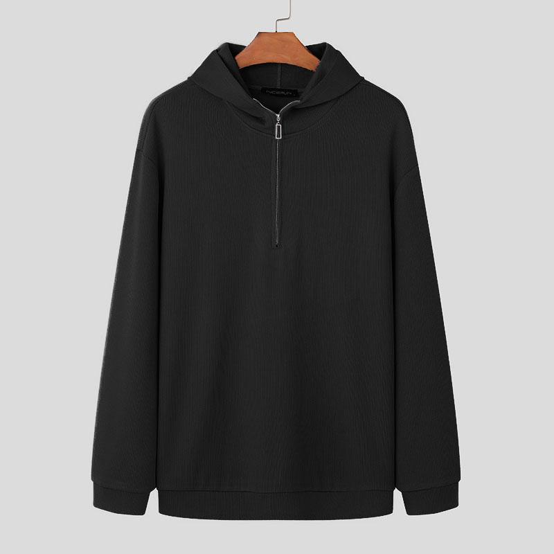 

INCERUN Men Long Sleeve Casual Zipper Hooded Rib Pullovers Sweatshirts S чорний