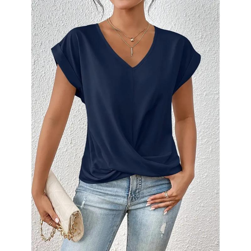 Camiseta elegante de manga corta con cuello en V en color liso para mujer, nueva primavera y verano