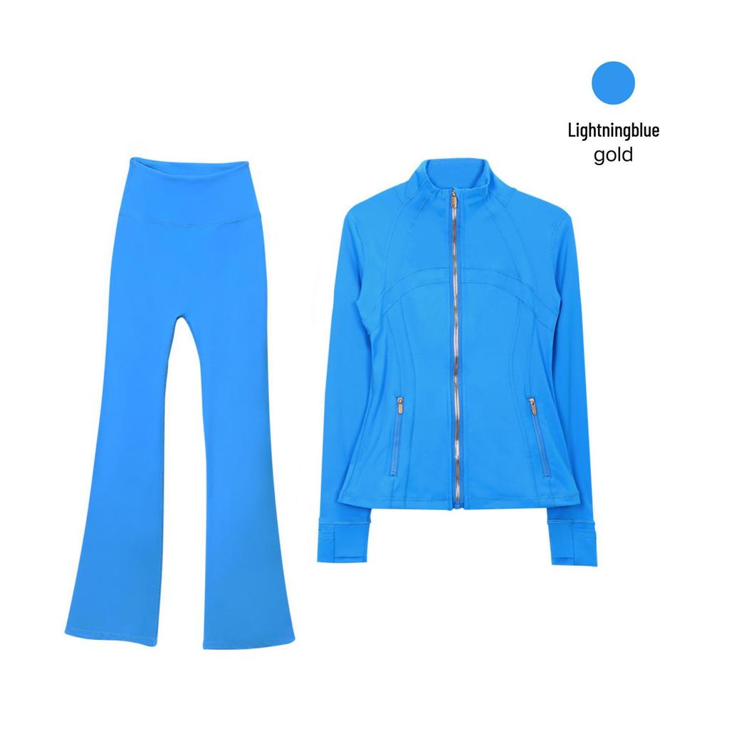 In Stock: Women's Gold Jacket & Flare Pants - High Stretch, Slimming Sports Yoga Set