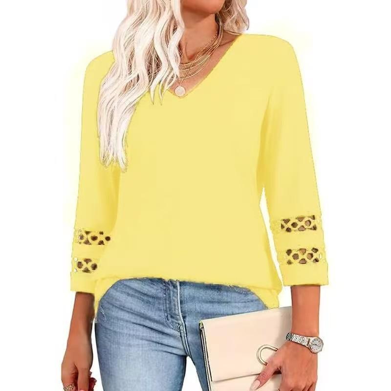 New Fashionable Loose V-neck Three-quarter Sleeve Women's New Casual Top Hollow Knitted Sweater