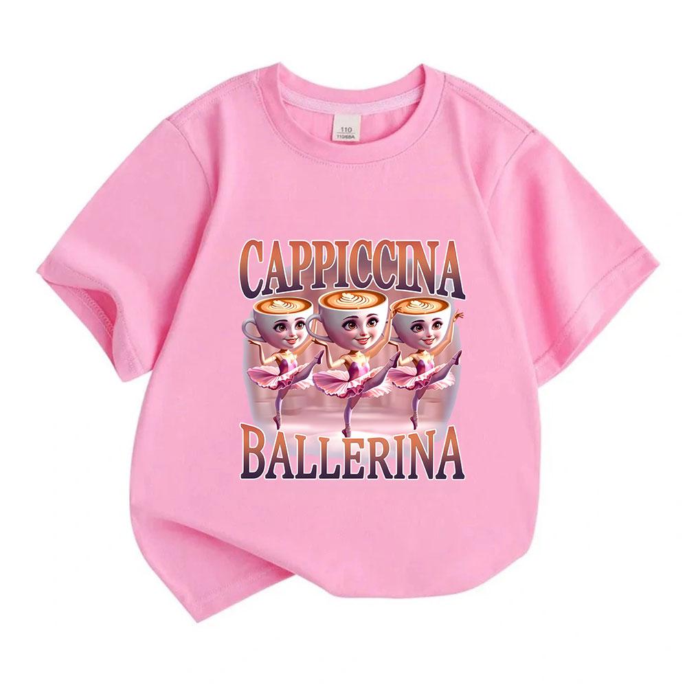 Kids Boys Girls 100% Cotton Crew Neck Short Sleeve T-Shirt, Funny Cappiccina Ballerina Coffee Cartoon Print Casual Soft Tee Tops for Daily Wear
