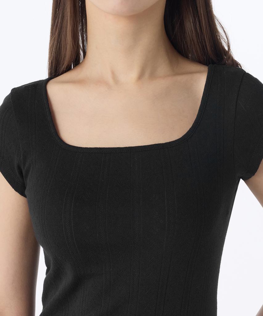MUSINSA STANDARD WOMAN Women'S Pointel Square Neck Cap Sleeve T-Shirt [Black]