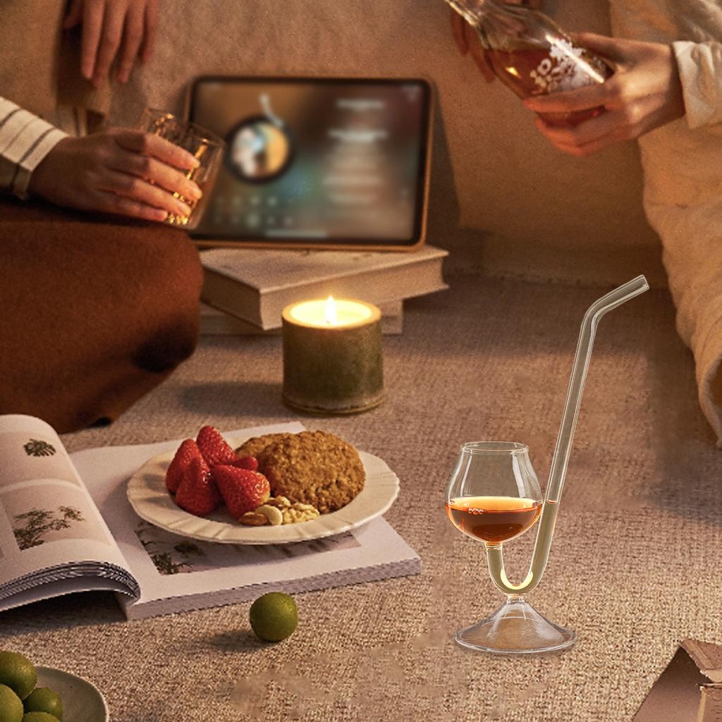 Straw Glass Wine Glass Clear Juice Cup Bar Cocktail Glass Juice Cup Goblet with Drinking Tube Straw for Home