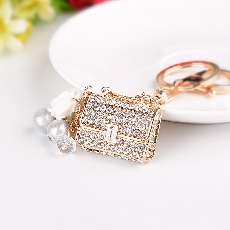 Fashion Metal Small Gift Creative Square Lady Chain Bag Shape Keychain White Rhinestone Lady Bag Accessories Automobile Gift