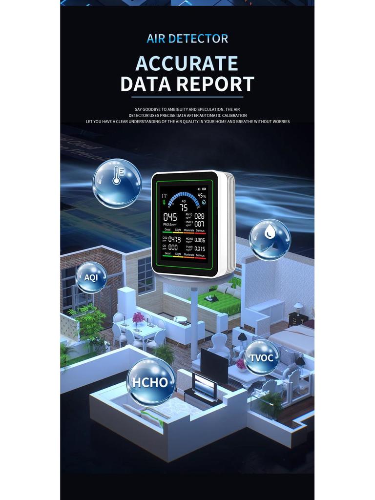 10-in-1 Luftqualitätsmonitor: Erfasst Formaldehyd, CO2, PM2,5, CO, Temperatur und Luftfeuchtigkeit für den Heimgebrauch