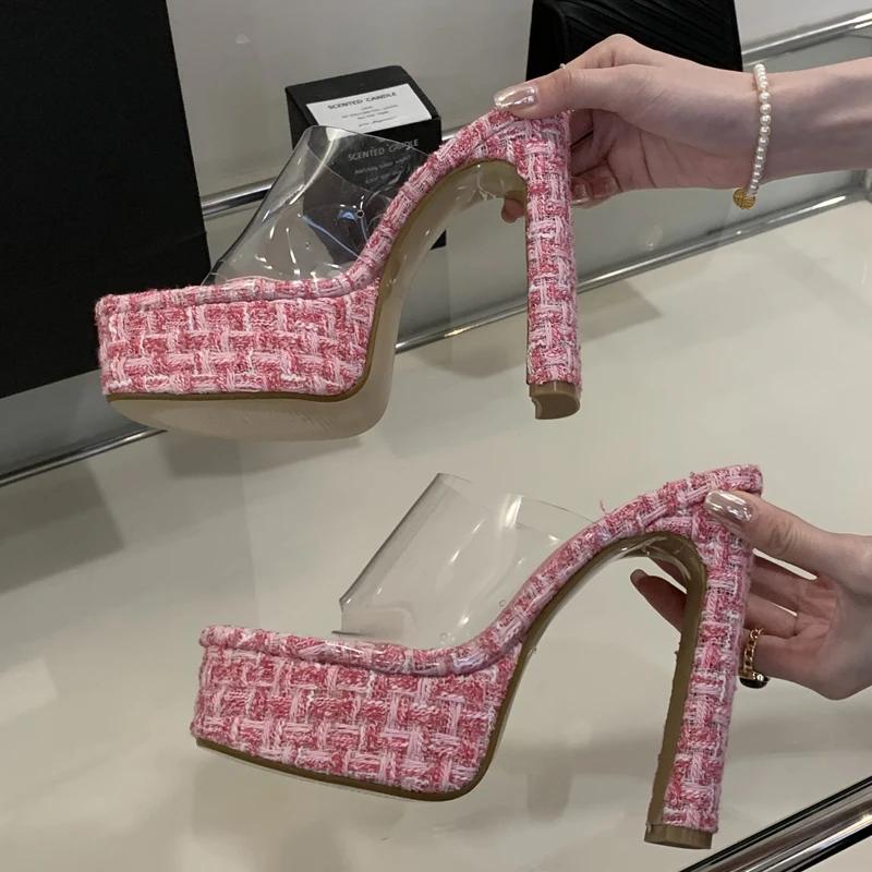 Mode Eilyken Sommer Mode Peep Toe Damen Pantoletten Designer PVC Transparent Quadratische Plateauabsätze Bankett Slide Schuhe