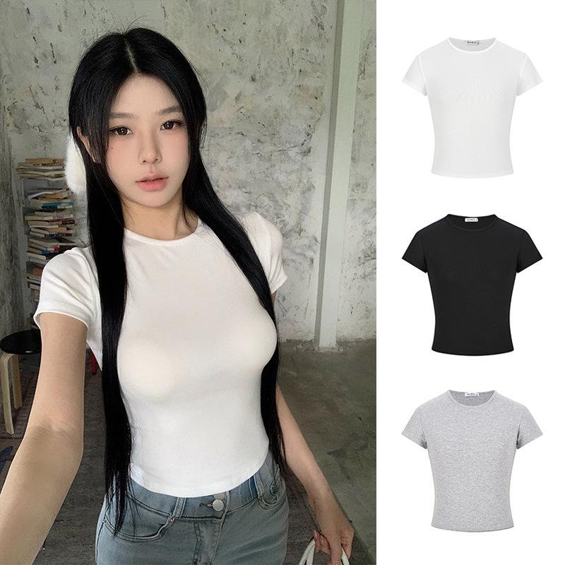 Slim-fit Short-sleeved T-shirt Women's Summer New Korean Casual White Front Shoulder Bottoming Shirt Women's Top
