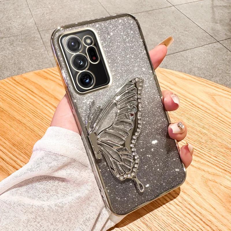 3D Butterfly Glitter Phone Case for Samsung Galaxy Note 20 Ultra Note 10 Plus Note 8 9 Camera Protection Black Cover