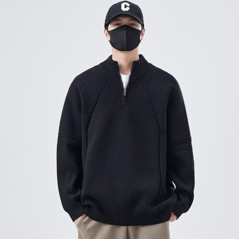 

Мужской свитер большого размера с подкладкой, теплый, на половину молнии, свитер из мягкой ткани высокого качества, дизайн с круглым вырезом, свободный, повседневный, спортивный, с длинным рукавом, вязаный свитер 2XL чёрный